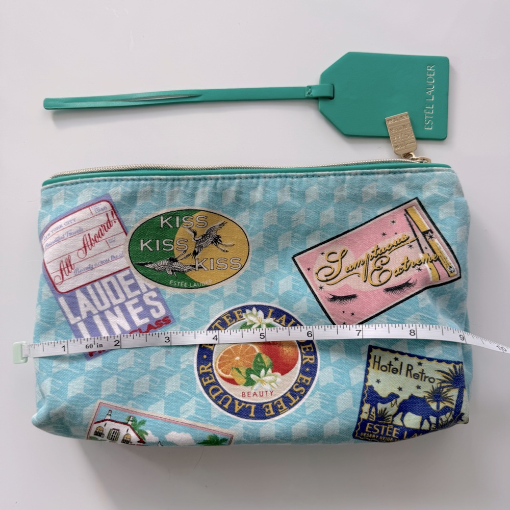 Estee Lauder Blue Patterned Cosmetic Bag with Teal Tag